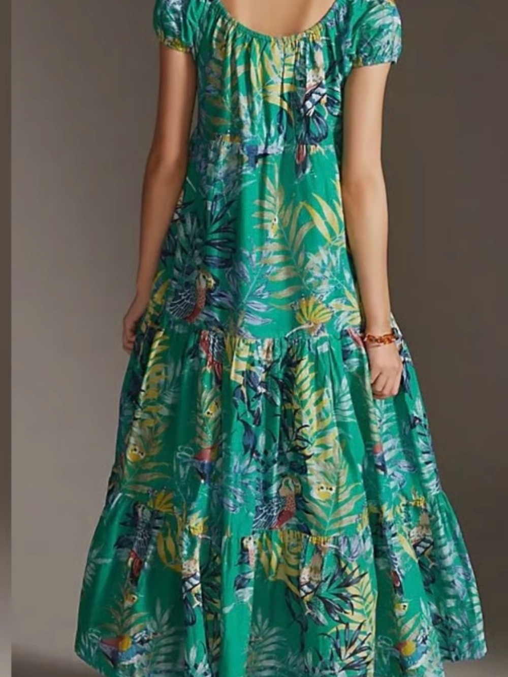 Anthropologie Maeve Sz Med Green Tropical Maxi Dress with Puff Sleeves - Picture 2 of 14